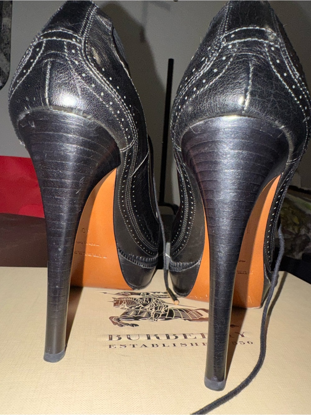 Burberry Black Leather Brogue Lace-Up Stiletto Heels - Picture 6 of 9